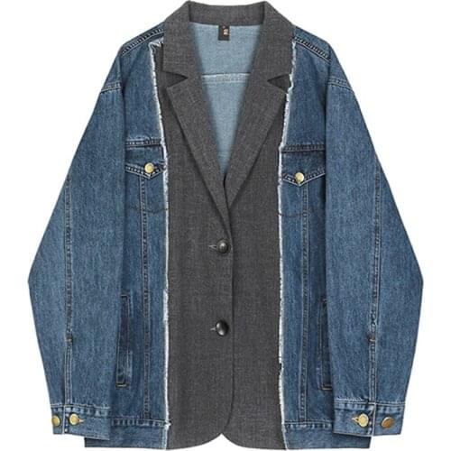 VSUE Women Denim Jacket Blue Loose Oversize Patchwork Notch Collar Fashion Runway C0350