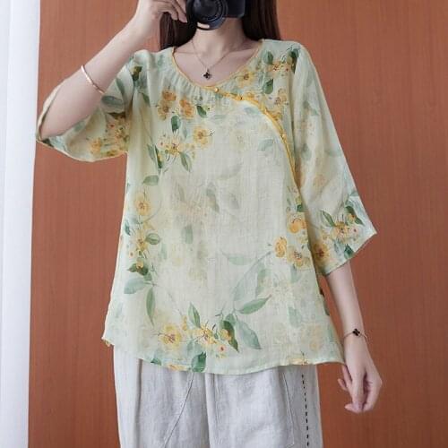 Women Summer Cotton Linen Casual T-shirts New 2021 Arts Style Vintage Floral Print Loose Comfortable Female Tops Tees B276