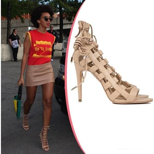 Runway high quality leather caged style sandal sexy open toe lace-up gladiator sandal for woman summer cutouts thin heels sandal