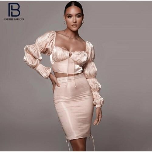 PB Stylish High Waist Draped Design Two Pieces Suit Sexy Square Collar Long Sleeves Celebrity Party Club Free Shipping