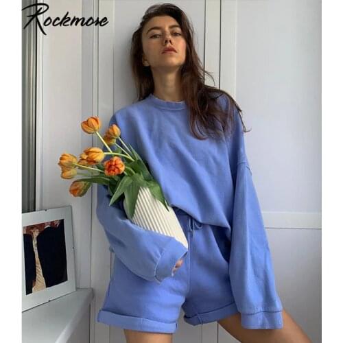 Rockmore Baggy Two Pieces Sets Long Sleeve Sweatshirts and Shorts Womens Tracksuits Solid Y2K Sweatsuits 2 Piece Set Outfit Fall