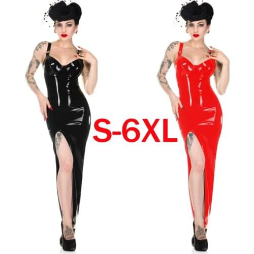 S-6XL Black/Red Shinny PVC Plunging V Neck Underwire Bodycon Dress Adjustable Straps High Split PVC Leather Maxi Dress Fetish