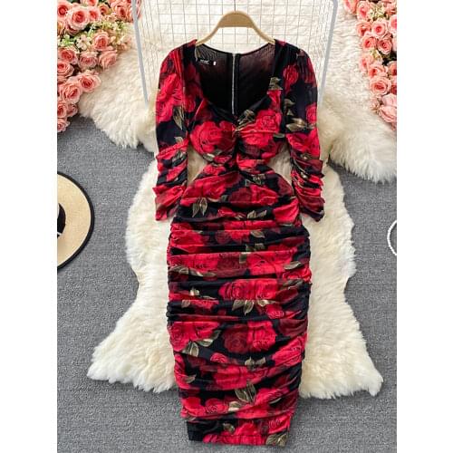 Women Floral Draped Bodycon Dress Spring Autumn Square Collar Long Sleeve High Waist Pleated Party Robe Female Casual Vestidos
