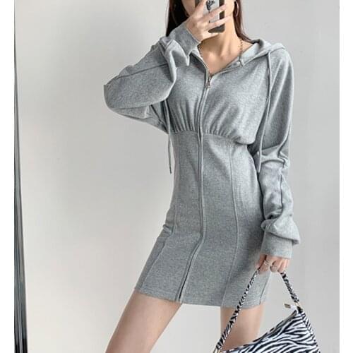 WOMENGAGA Korean Solid Color Hooded Long Sleeve Slim Mini Dress For Women Autumn High Waist Zippers Package Hip Dresses Kh5s