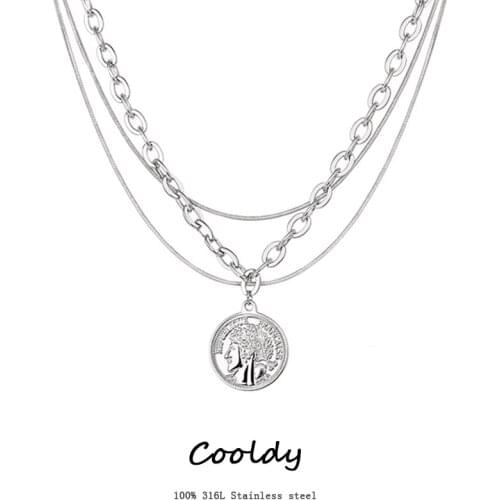 Multilayer Necklace Long Pendant Necklace Women Stainless Steel Necklace Moon Circle map Pendant Chain Necklace Gift Jewelry