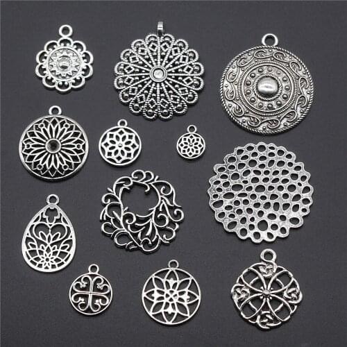 10pcs Charm Motif Flower Vintage Antique Silver Color Motif Pendant Charm Flower Charm Jewelry Accessories