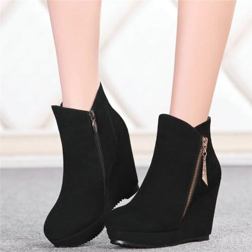 2020 Women Black Shoes Cow Suede Leather High Heel Ankle Boots Platform Wedges Party Pumps Punk Goth Trainers Lady Casual Shoes