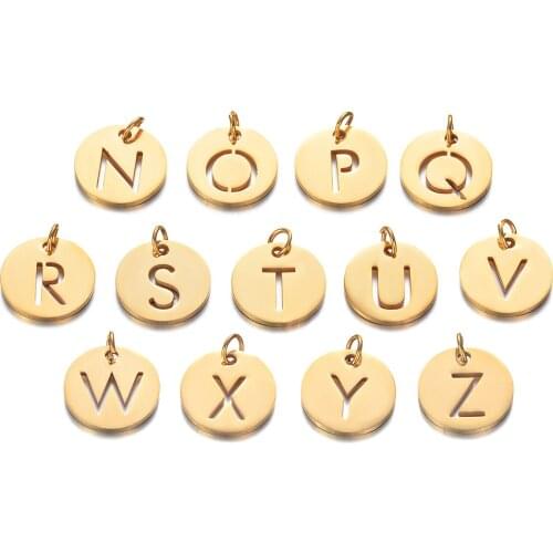 5pcs/lot Stainless Steel Gold Color Round Cut Out Alphabet Charms DIY Initials From N-Z Alphabets Pendant Jewelry Accessories