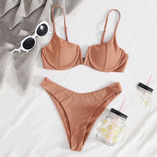 Sexy Ribbed Push Up Bikini Mujer 2021 Swimwear Women Underwire Padded Swimsuit Two Piece Bikinis Set Bathing Suit Thong Biquinis