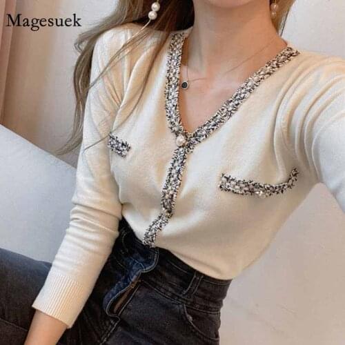 Korean Vintage Solid Bottom Female Cardigan Sweater V-neck Chic French Button Cardigans Mujer Long Sleeve Knitted Cardigan 12232