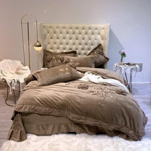 Purple Gray Blue White Brown Winter Fleece Fabric Flowers Embroidery Bedding Set Flannel Velvet Duvet Cover Bed sheet Pillowcase