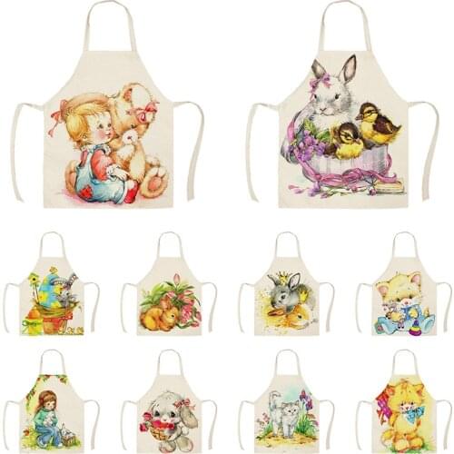 Cartoon Cat Rabbit Duck Kitchen Apron for Women Cotton Linen Bib Household Cleaning Pinafore Cooking Apron WQTX31