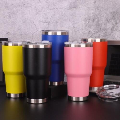 Trendy car cups of various colors and styles of coffee tea