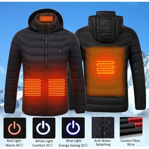 Men Heating Cotton-padded Parka Coat USB Charging Outdoor Winter Jacket Mountaineering Skiing Hiking Cycling Hooded Sportswear