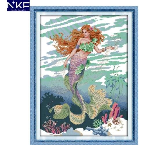 NKF Mermaid Pattern DIY Kit Handmade Craft Needlework Cross Stitch Set Embroidery Printed Design Stitching Home Decor