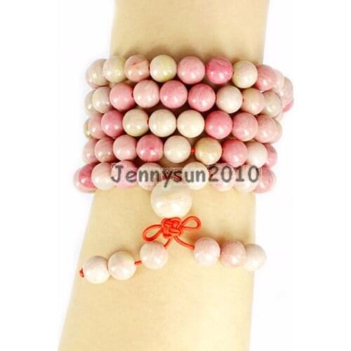 Natural Rhodochrosite 8mm Gem Stone Buddhist 108 Beads Prayer Mala Multi-Purpose Stretchy Bracelet Necklace 2Strands/Pack