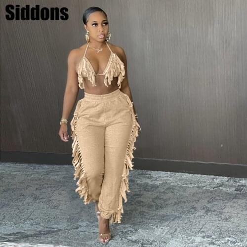 Sexy Tassel Bra Crop Top and Pant Suits for Women Summer Set Party Club 2 Piece Matching Set Outfits