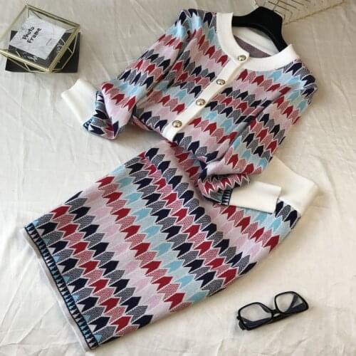 2021 Spring New Gentle Jacquard Long Sleeve Knitted Sweater + Slim Hip Skirt Fashion Suit Skirt