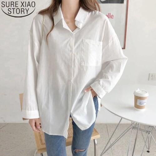 2021 Spring New White Shirt Women Loose Long Sleeve Blouse Pocket Turn Down Collar Casual Ladies Cotton and Linen Tops 12807