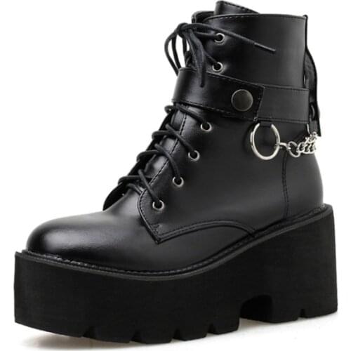 Sexy Chain Women Ankle Boots Gothic Black Punk Style Platform Shoes Leather Block Heel Female Footwear Autumn New Botas Mujer