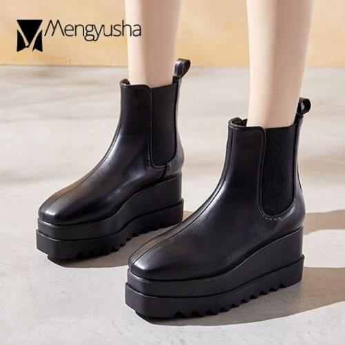 Women Platform boots elastic band riding botas creepers high heels winter shoes square toe height increasing short botines mujer