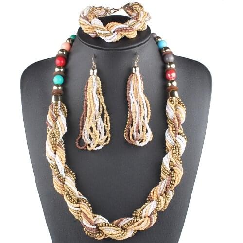 Claire Jin Boho Necklace Bracelet Earrings Three-piece Bohemian Jewelry Set Women Fashion Twisted Small Bead Multi Layer Choker