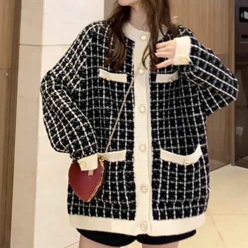 Autumn Women Plaid Sweater Coat Retro Shirt Check Long Sleeve Single Breasted Loose Knit Cardigan Tide Lady Spring Clothing 2021