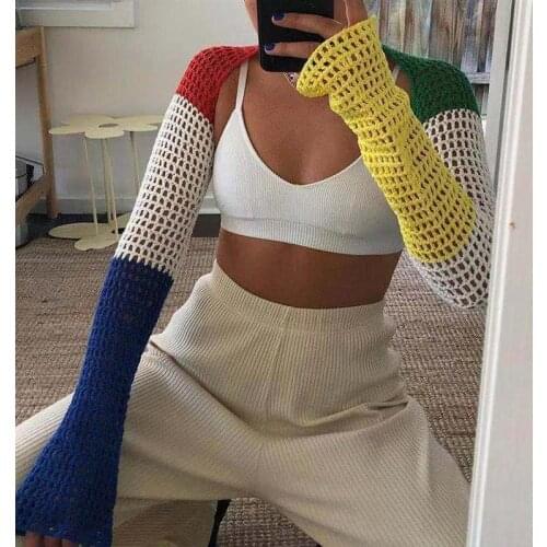 2021 Woman Fashion Patchwork Y2K Sexy Crop Top Long Sleeve Backless Summer Knitted T-Shirt Hollow Knitted Shawl For Seaside