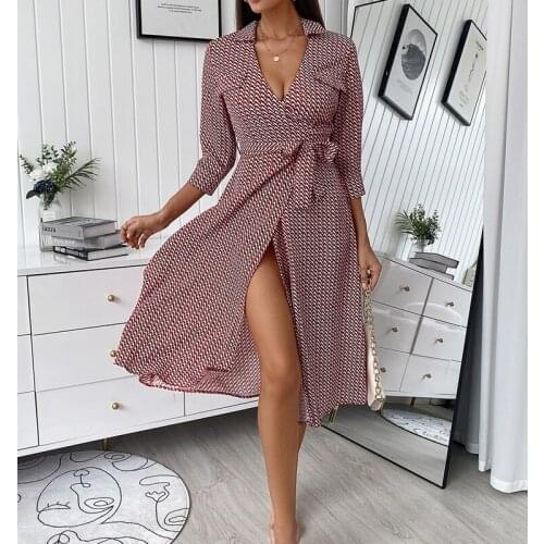 Wepbel Split Summer Dress Low Cut High Waist Printed Sexy Dress Women Long Sleeve Fitted Waist Shirt Dresses-Belted V-neck