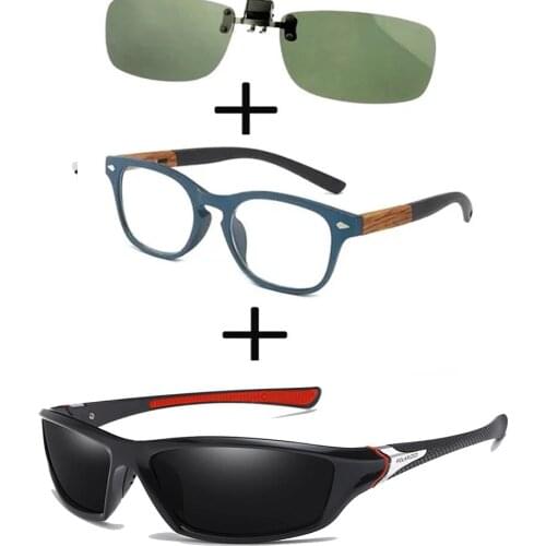3Pcs!!! Comfortable Wooden Squared Frame Reading Glasses for Men Women + Polarized Sunglasses Sports Driving + Sunglasses Clip