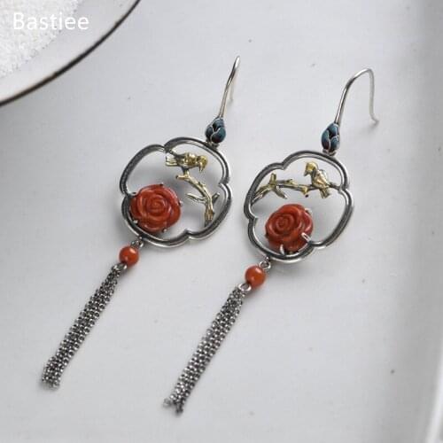 Bastiee Silver 925 Jewelry 925 Sterling Silver Earrings Dangle Earrings Vintage Inlaid Red Agate Korean Earrings Silver