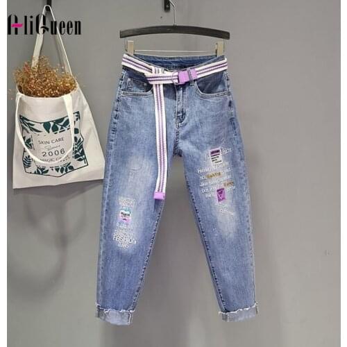 Vintage Streetwear Women Letters Embroidery Pencil Jeans Pants Femme Elastic Long Blue Harem Denim Pant Woman Trousers Plus Size