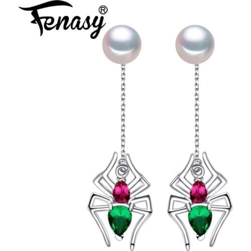 FENASY Natural Freshwater Pearl Earrings For Women 925 Sterling Silver Punk Spider Ruby Long Drop Earrings Idea Gift