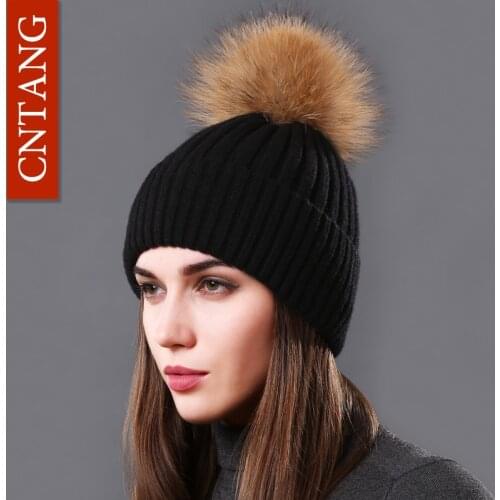 CNTANG Classic Autumn Winter Hats Fashion Made Of Natural Raccoon Fur Cap Womens Knitted Warm Pom Pom Beanies Girls Wool Hat