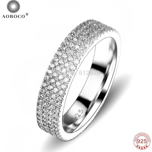 AOBOCO 925 Sterling Silver Ring Man Full Micro Pave Cubic Zirconia Wedding Rings for Women Jewelry Gift Couple Engagement Rings