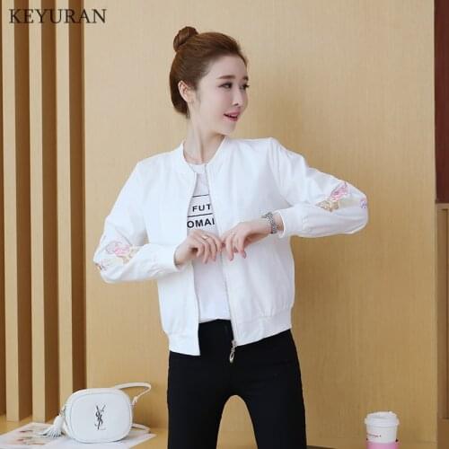 Women Bomber Jacket 2021 Casual Systemic Flowers Embroidered Flight Jackets Female Spring Autumn Basic Coats Black Pink Blue