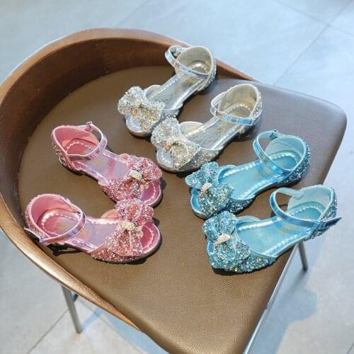 Girls Sandals Summer 2021 New Childrens Princess Shoes Little Girls Low Heeled Bow-knot Crystal Sandals Party Dress Wedding