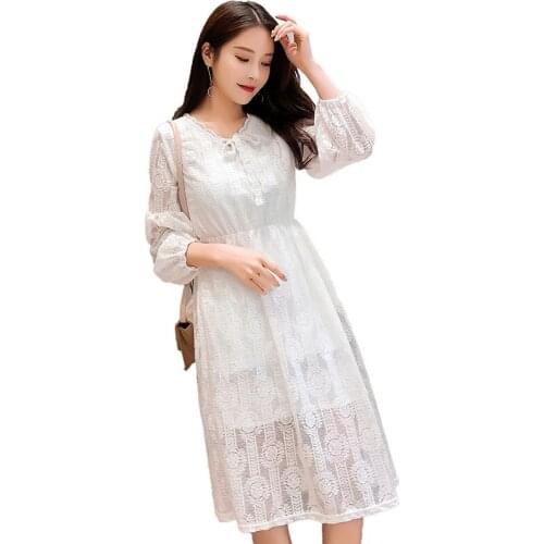 2019 spring new lace dress Pregnant women high waist lantern sleeve dress Pregnant womens simple fashion dress Maternity skirt