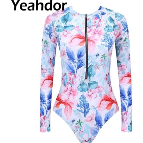New Women Swimwear Floral Print Round Neck Long Sleeve Front Zipper Closure Jumpsuit Surfing Swimming Suit Bathing Suits
