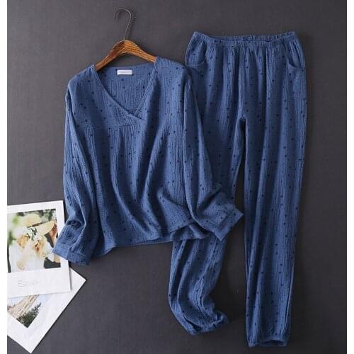 Japanese Style Spring and Autumn Womens 100% Cotton Crepe Long-sleeved Trousers Pajamas Comfortable Home Wear Pajama Set Women