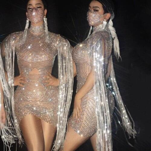 Nightclub Concert Singer Dancer Stage Shiny Rhinestones Fringes Dress Stretch Skinny Sleeveless Short Dress Evening Mini Dresses