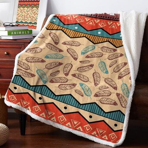 Tribal Style Feathers Fleece Blanket Office Sofa Cashmere Blanket Bed Cover Bedspread Warm Blankets for Beds