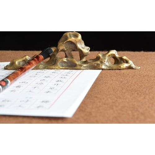 Classic Chinese Writing Brush Holder Stand With Decorative Rock Brass Copper Home School Home Office Writing Stationery Tools