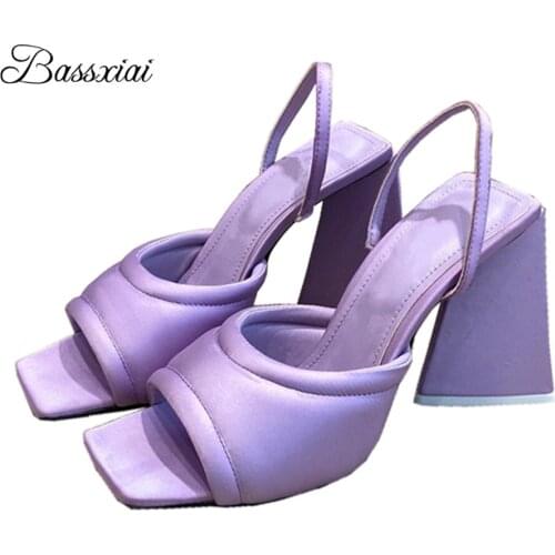 Luxury Satin Sewing Square Open Toe Sandals Women Unique Triangle Chunky Heel Slingbacks Summer Mules For Lady