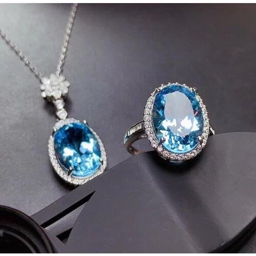 Luxurious big 10*14mm Sun flower Natural blue topaz gem jewelry sets natural gemstone ring Pendant S925 silver girl gift jewelry
