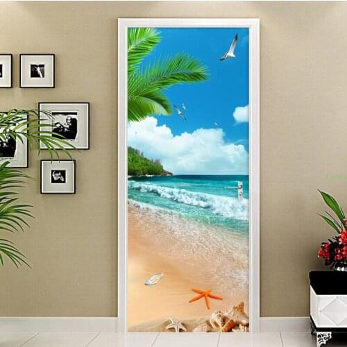 PVC Self Adhesive Waterproof Photo Wallpaper 3D Seaside Landscape Door Sticker Living Room Bedroom Mural Wall Paper For 3D Decor