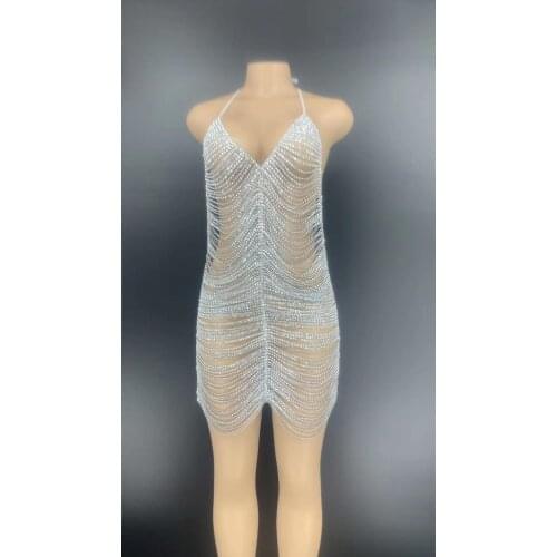Silver Rhinestones Chains Backless Short Dress Bar Prom Women Dancer Hollow Outfit Birthday Celebrate Dress