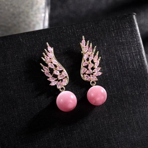 Pink Pearl Opal Earrings For Women Cubic Zirconia Luxury Dangler 2021Design Angel Wings Earrings Jewelry