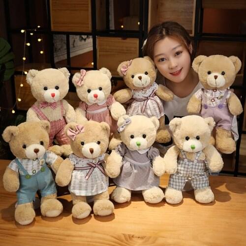 1pc 35cm Cute Vivid Couple Teddy Bear Plush Toys Lovely Bear with Clothes Pillow Nice Gift Lover Girls Kids Valentines Gifts