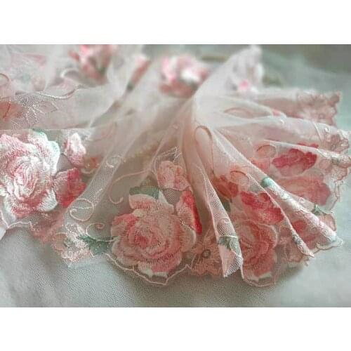Gorgeous Tulle Lace Trim Pink Rose Flowers Floral Embroidered Scalloped Lace 11 Inches Wide High Quality By The Yard